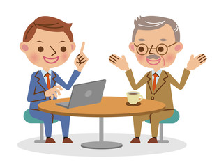 商談・打ち合わせ・ミーティングイメージ（若い男性とシニア男性）