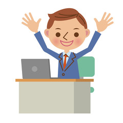 デスクでノートパソコンを使うビジネスマン（バンザイ）
