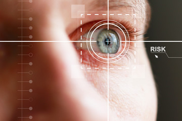 Eye monitoring and treatment in medical. Biometric scan of male eyes online healthcare.