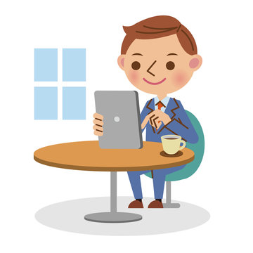 man using tablet at table clip art preview