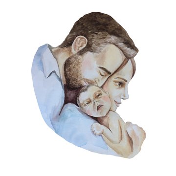 Young parents with a child in their arms, family. Best Family. Family day. Best dad. Best Mom.Painting smiling men, women and children. Whole family concept. Watercolor realistic portrait. Hand drawn 