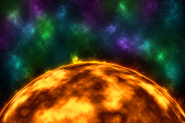 Sun surface with solar flares in space.