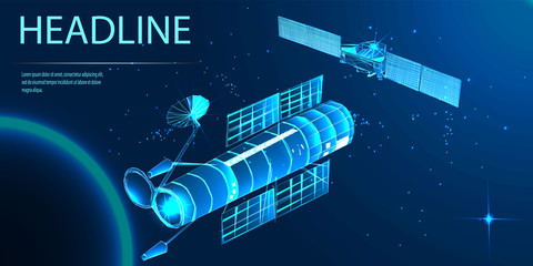 Satellites in orbit of the Earth. Spy satellite and satellite inspector in space. View from space. Intelligence service. Low poly wireframe style. Vector