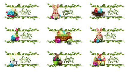 Happy Easter, collection postcards with Easter icons and frame of liana. Easter elements collection isolated on white background for your arts
