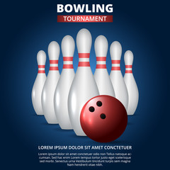 Bowling tournament game realistic card. White skittles and red ball on a blue background. Vector illustration eps 10.