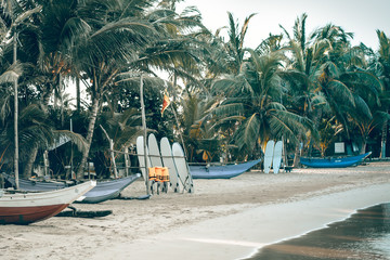 Surfboards resting on a wooden stand in the sand at a surf station in Sri Lanka Hikkaduwa
