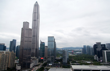 Fototapeta na wymiar Shenzhen city Futian district against hills