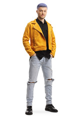 Trendy hipster guy in a yellow leather jacket
