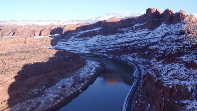 Aerial Drone Footage Flyover of Colorado River in Wintertime Near Moab, Utah U.S.A.