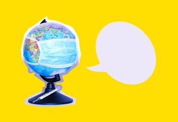The globe of planet Earth is protected by a mask from protection against coronavirus. The concept of the problem of protecting the disease from coronavirus. 