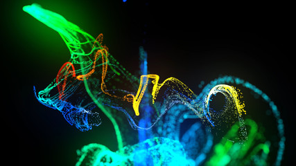 injection of fluorescent ink in water isolated on black background. 3d render of glow particles or sparks like shiny magic spell. Fantastic background for festive event. Green yellow blue red mix 28