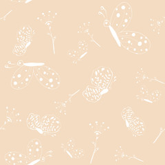  White butterflies seamless pattern on yellow background. Butterfly design for covers, fabric, textile. Print for textile. Creative summer or spring. Cute cartoon illustration. Easter holidays design.