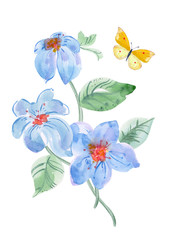 bouquet of simple delicate flowers with yellow butterfly flying away. watercolor painting
