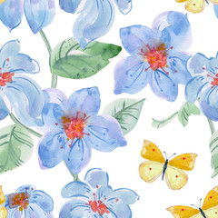 seamless texture with simple delicate flowers and yellow butterflies. watercolor painting