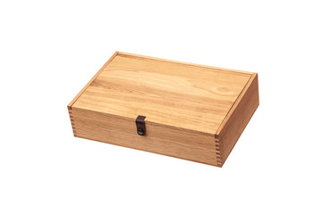 Wooden box with a lid isolate on a white back. Packaging for an expensive gift. New box made of light wood.