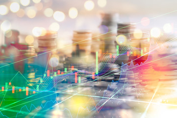 Stock market digital graph chart on LED display concept. A large display of daily stock market price and quotation. Indicator financial forex trade education background.  coins for finance concept