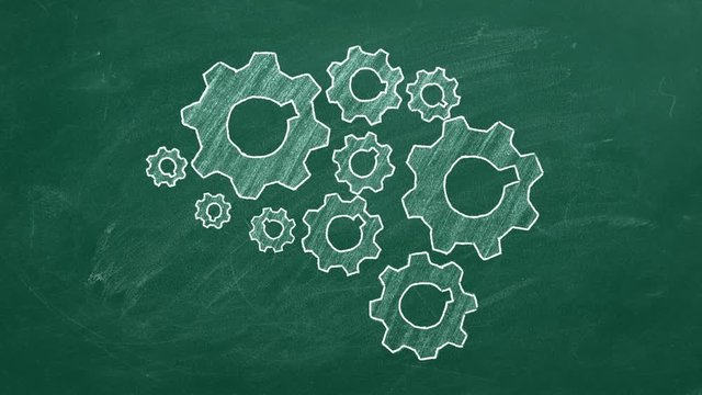 Human brain build out of cogs and gears on greenboard