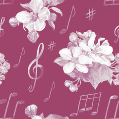 Notes and flowers, watercolor seamless pattern. - 328335329