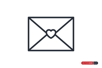 Fototapeta premium Simple Mail Icon with Heart Symbol inside isolated on white background. Flat Line Vector Icon Design Template Element.