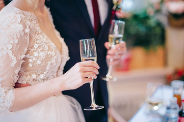 The bride in a wedding dress and a groom in a suit hold glasses of champagne in their hands, while toasting on their wedding
