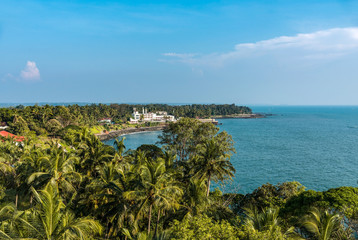 Kerala Tourism, Aerial view of Kannur City beautiful Kerala nature scenery Coconut Trees Buildings and Sea 