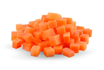 Carrot, sliced, colored cubes, isolated on a white background