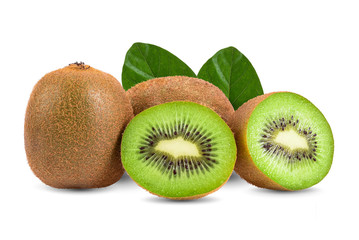 Fototapeta premium Ripe whole kiwi fruit and half kiwi fruit isolated on white background