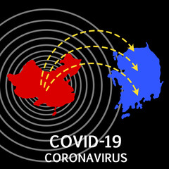 The viral infection Red map from China and blue map from South Korea, Coronavirus, 2019-nCoV, COVID-19 on black background, isolated, vector illustration