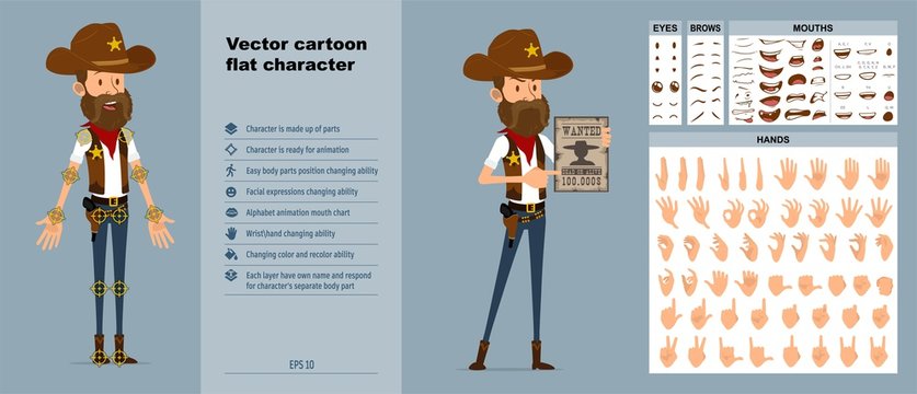 Cartoon funny sheriff character in cowboy hat from wild west. Ready for animations. Face expressions, eyes, brows, mouth and hands easy to edit. Isolated on blue background. Big vector icon set.