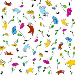 Cats and flowers seamless pattern, vector illustration of summer garden and sleepy kittens neat the colorful flowers, amazing print design for paper, cards, fabrics, covers