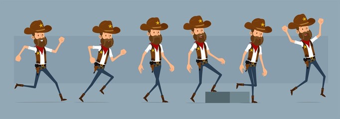 Cartoon cute funny sheriff character in cowboy hat with golden star from wild west. Successful sheriff walking to his goal. Ready for animations. Isolated on blue background. Big vector icon set.