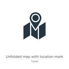Unfolded map with location mark icon vector. Trendy flat unfolded map with location mark icon from travel collection isolated on white background. Vector illustration can be used for web and mobile