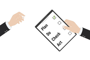 Plan Do Check Act. Businessman checks the action list holding clipboard in hand. Business concept. Action plan on paper. PDCA process.