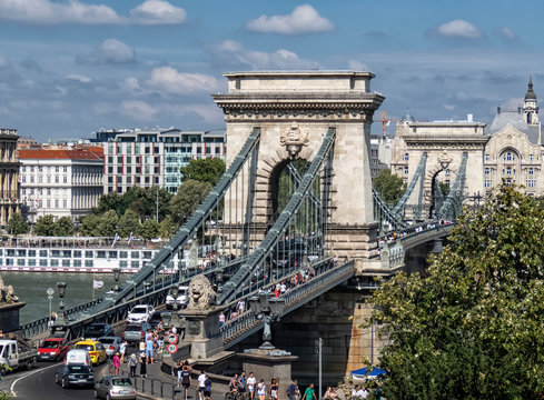 Looking across Danube, Chain Bridge, and City of Pest, Budapest, Hungary