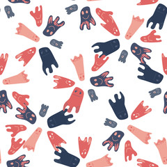 Seamless pattern with cute ghosts in doodle style. Vector illustration