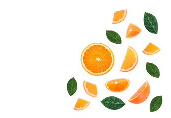 Set of fresh orange whole and cut orange and slices and leaf isolate on white background. From top view