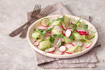 Salad of fresh organic radish and cucumber with pea sprouts