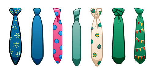Seven neckties of different colors and patterns set on white background