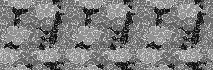 Vector monochrome clouds in the sky, seamless pattern, oriental decor, gray layers.