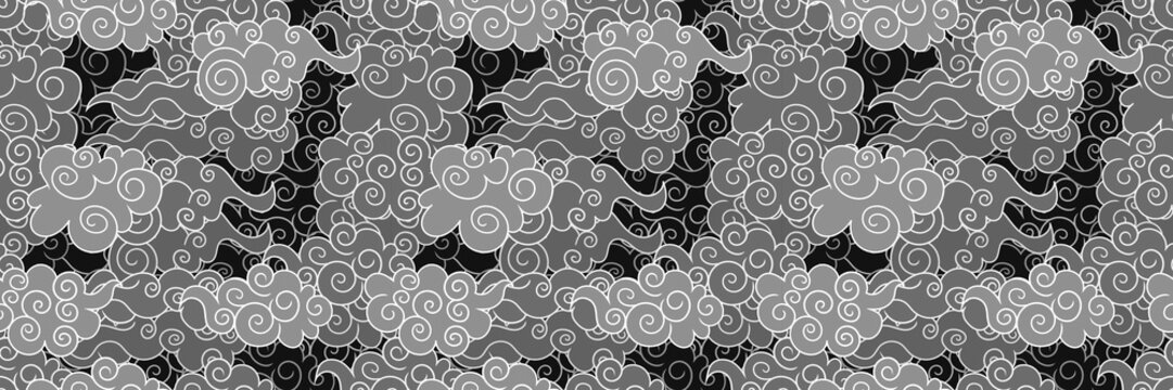 Vector monochrome clouds in the sky, seamless pattern, oriental decor, gray layers.