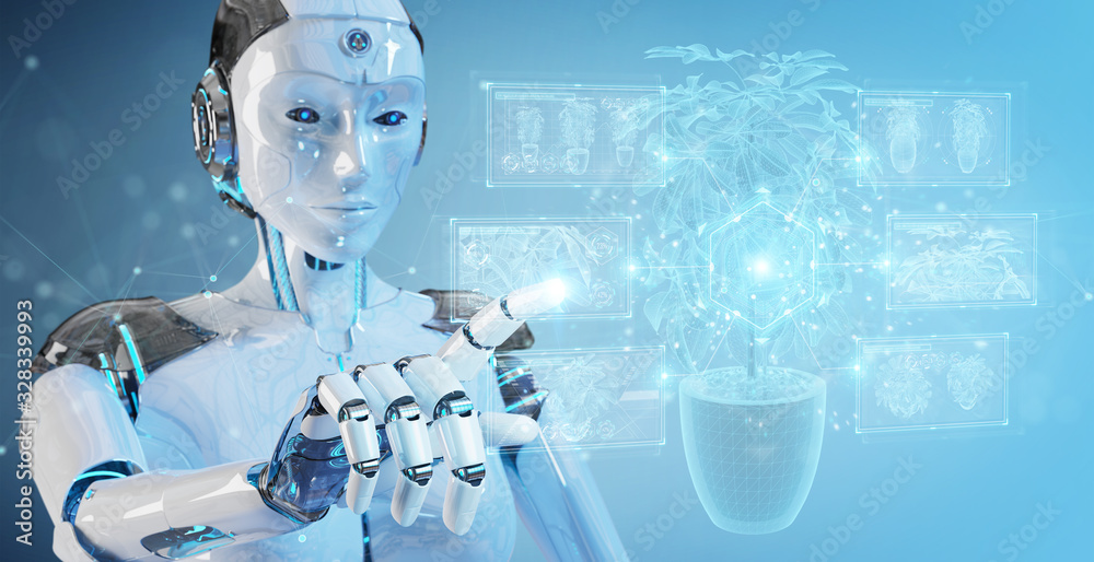 Leinwandbilder robot holding and touching holographic projection of a plant with digital analysis 3d rendering
