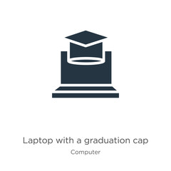 Laptop with a graduation cap icon vector. Trendy flat laptop with a graduation cap icon from computer collection isolated on white background. Vector illustration can be used for web and mobile