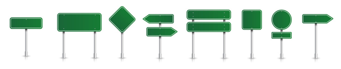 Set of green road signs. Directional signs. Realistic style. Vector graphics. © vectorsanta