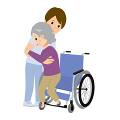 車椅子　補助　シニア女性　介護士　　イラスト