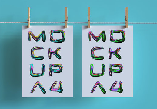 2 Papers Hanging with Clothespins on Clothesline Mockup