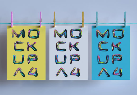 3 Papers Hanging with Clothespins on Clothesline Mockup