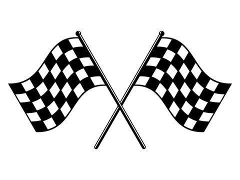 Checkered flags. Black and white race flag. Finish or start rippled crossed flag icon. Motorsport or auto racing symbol on white background. Final lap race. Vector illustration, flat style, clip art. 