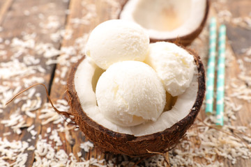 coconut ice cream in coco bowl