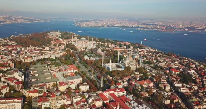 Sultan Ahmet square with drone, aerial video from istanbul, sunny day at beatuiful sultan ahmet square 4k video with drone, blue mosque, hagia sophia, topkapi palace, bosporus