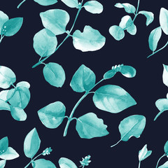 Watercolor seamless pattern of twigs with leaves.